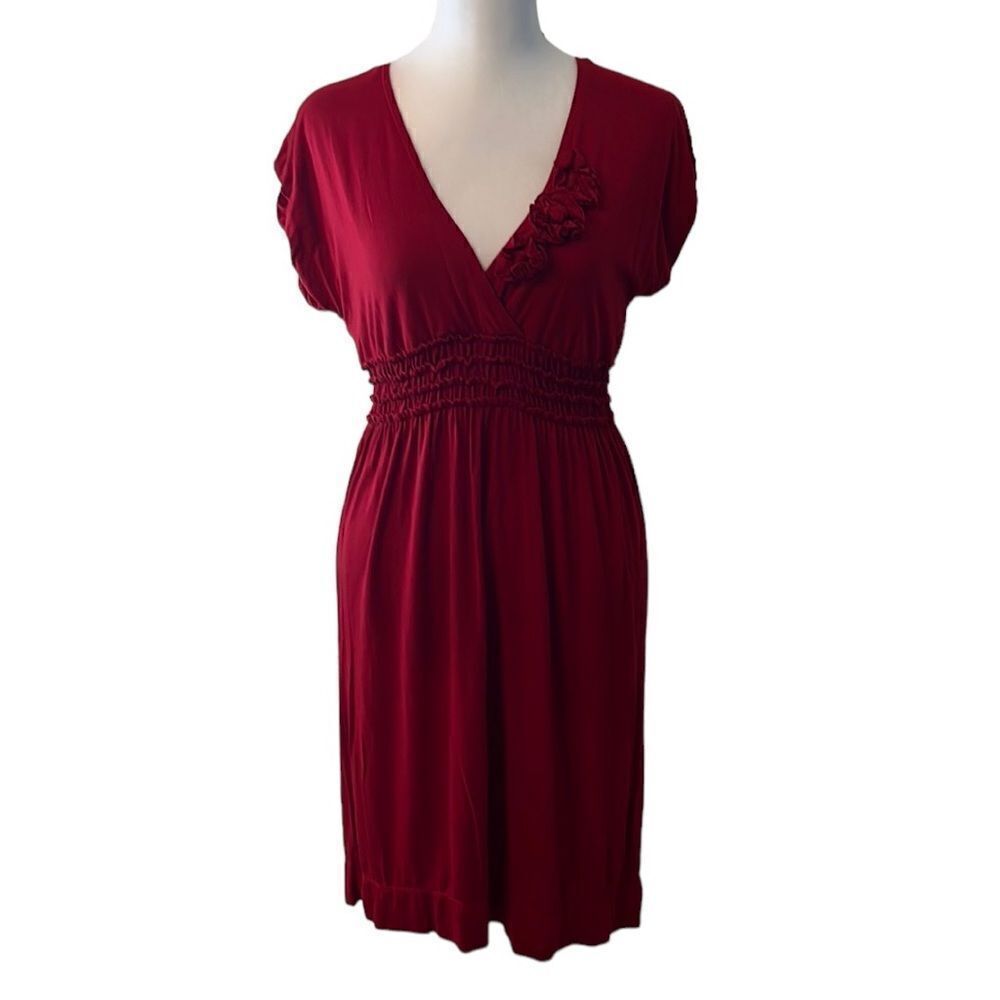 Max Studios szS red faux wrap elastic empire waist flower embellished dress GUC